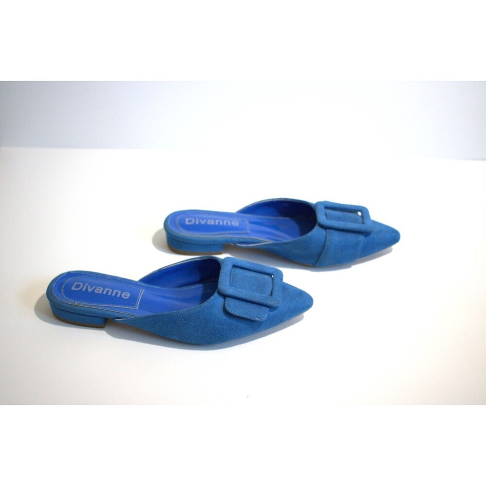 Divanne Size 7 Women Blue Buckle Flat Backless Mules Pointed Toe Suede‎ Shoes